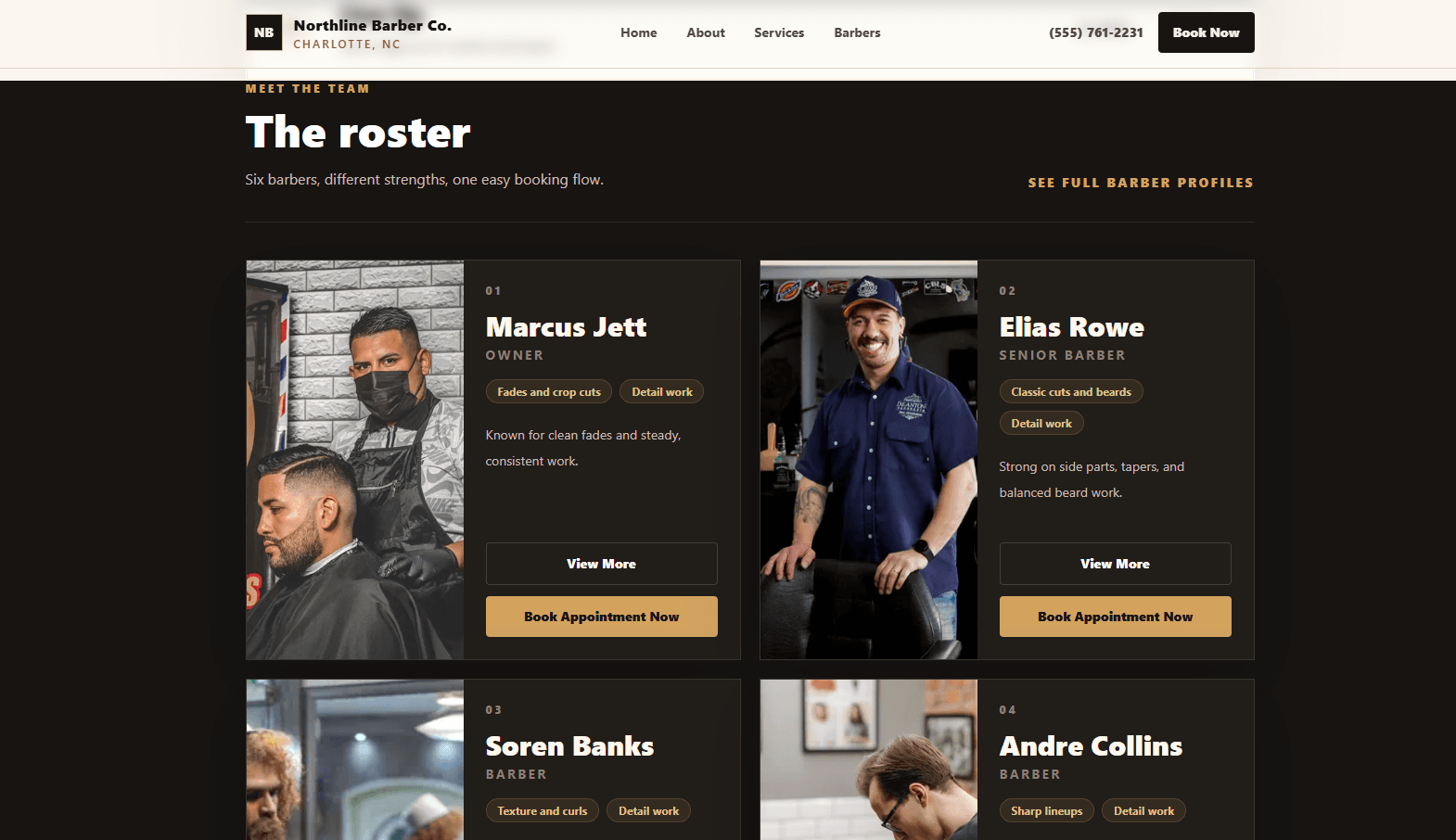 Barbershop website demo team section with barber profile cards