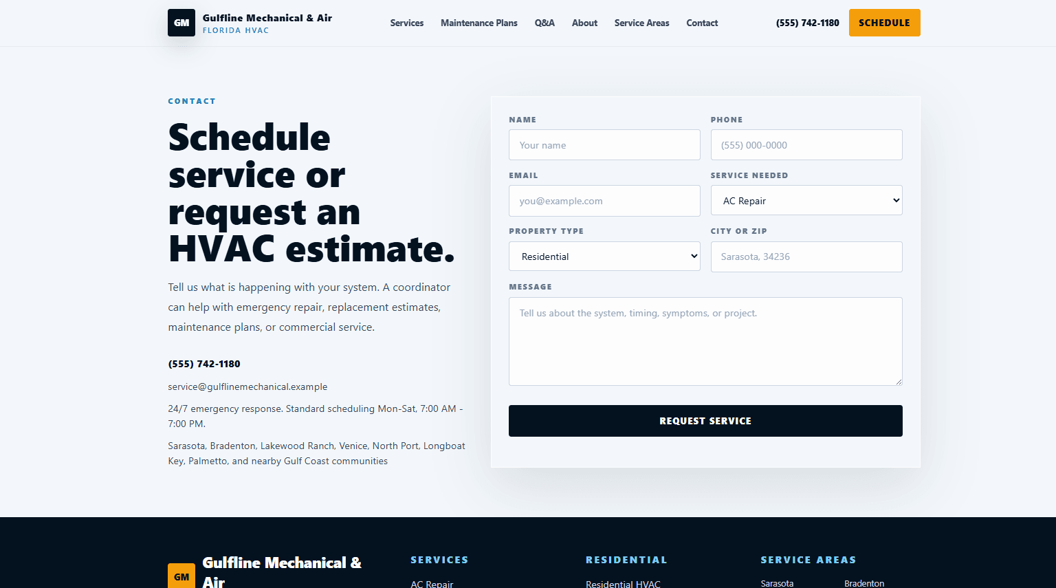 HVAC website demo contact page with service request form and business contact details