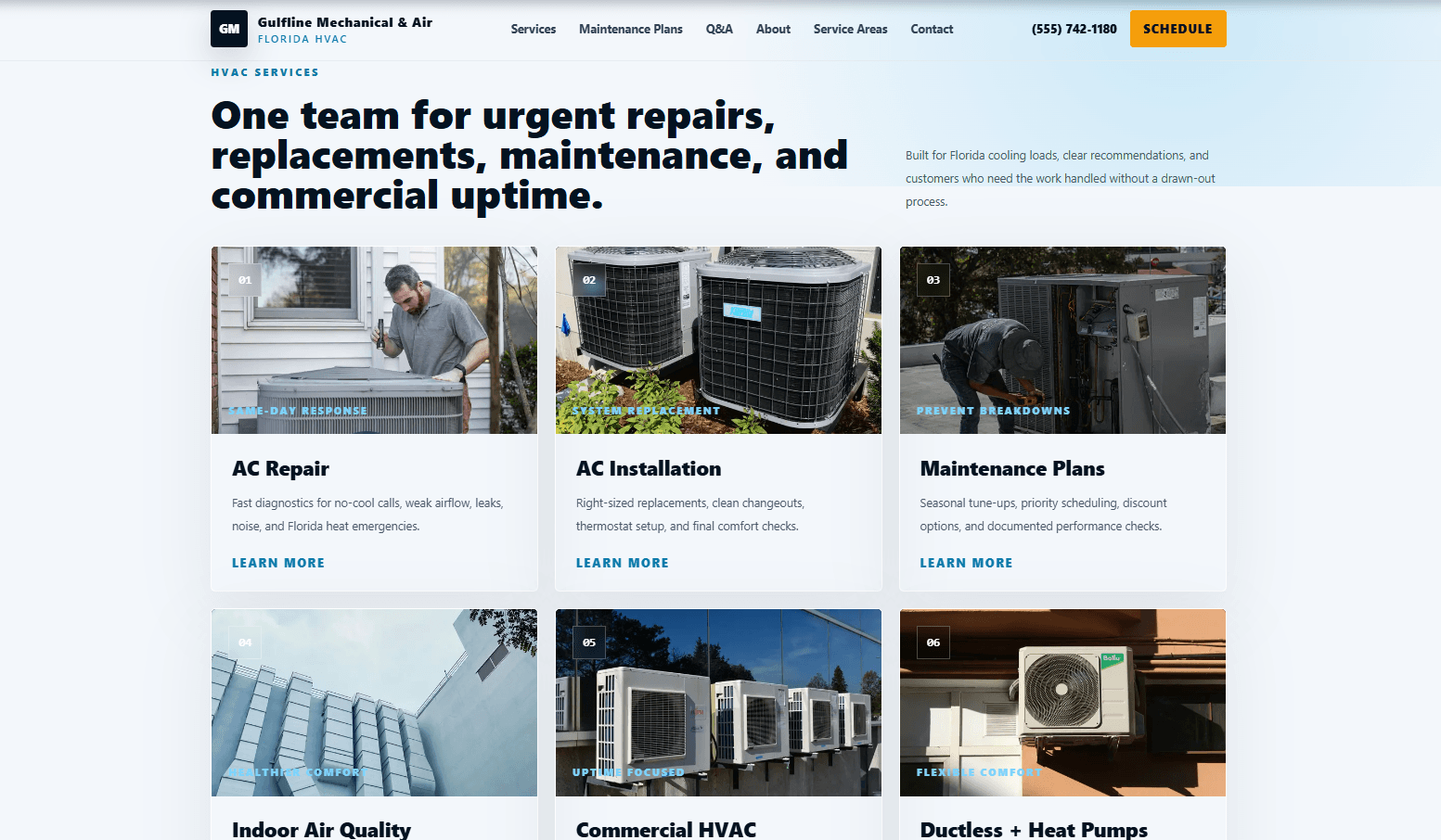 HVAC website demo services section with repair, installation, maintenance, and commercial HVAC cards