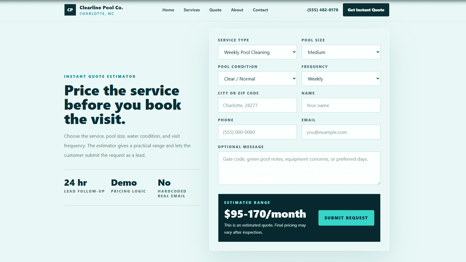 Pool service website demo quote request form and pricing estimate section