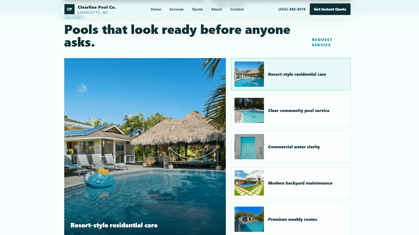 Pool service website demo gallery and service highlights layout