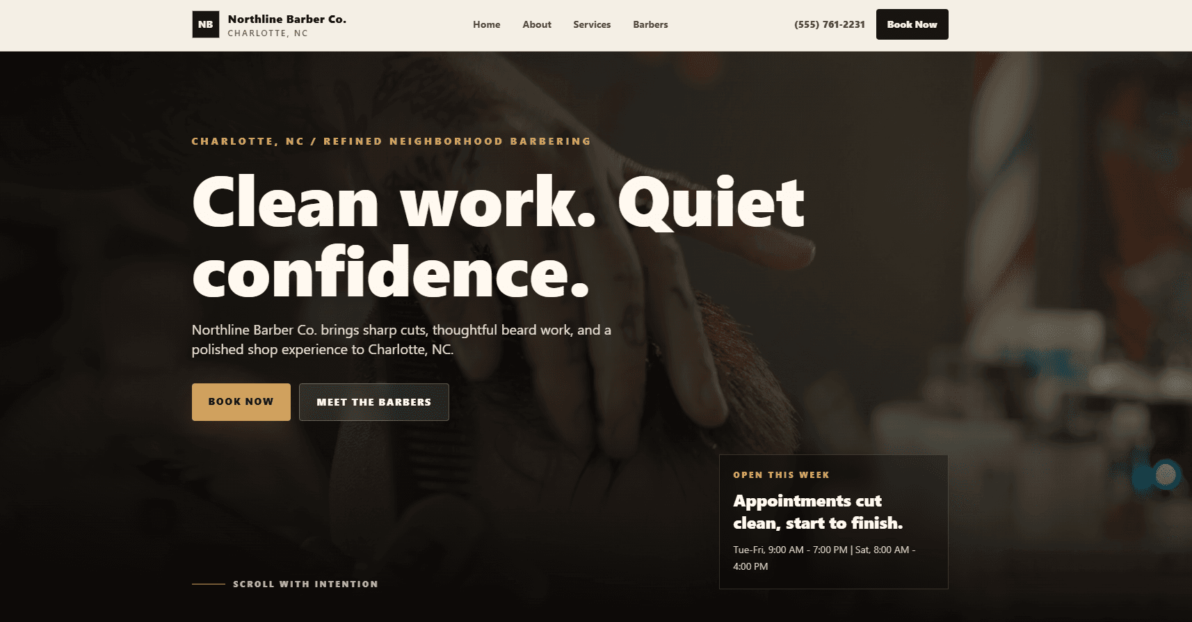 Barbershop website demo hero section with strong headline and booking call to action