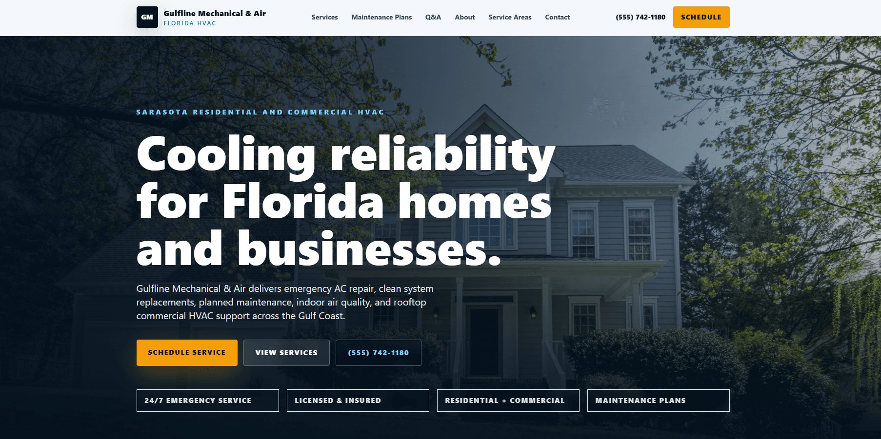 HVAC website demo homepage with large hero headline and schedule service call-to-action