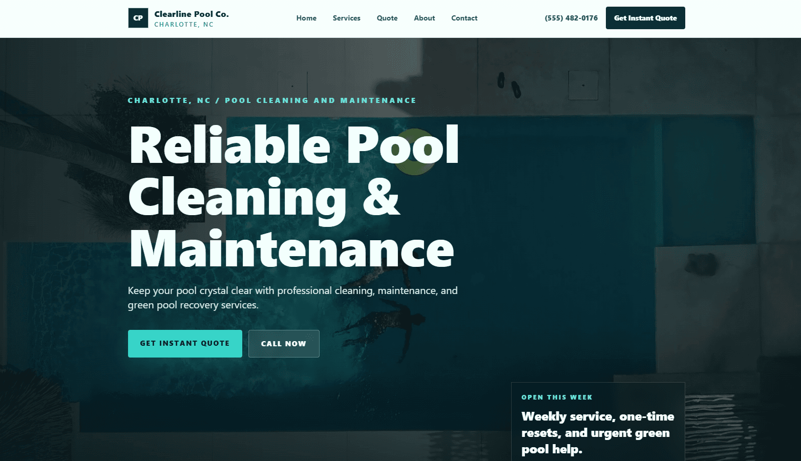 Pool service website demo hero section with large headline and call-to-action buttons
